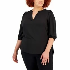 New 🎉 Anne Klein Plus Size Split-Neck Puff-Sleeve Top Anne Black 👍