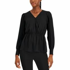 Promo 🧨 Anne Klein 👩 Women's Pleated-Sleeve V-Neck Georgette Blouse Anne Black 🧨