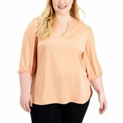 Hot Sale 🔔 Anne Klein Plus Size Split Neck Blouse Warm Sand ✨