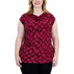 Hot Sale ❤️ Anne Klein Plus Size Printed Cap-Sleeve Cowlneck Blouse Amaranth Multi 🌟