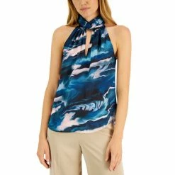 Brand new 😉 Anne Klein 👩 Women's Satin Printed Twist-Neck Halter Top Blue Ocean Multi 🎁