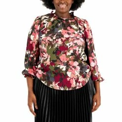 Deals ❤️ Anne Klein Plus Size Printed 3/4-Sleeve Ruffle-Neck Blouse Kelp/chianti Combo 🎁