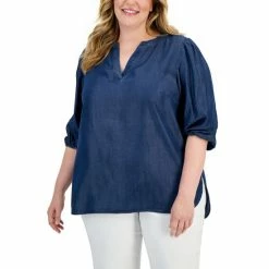 Top 10 ⌛ Anne Klein Plus Size Denim Split-Neck High-Low Blouse Medium Wash ✔️