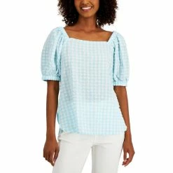 Best reviews of 🥰 Anne Klein Petite Gingham-Print Top Ocean Sky/bright White 🎁