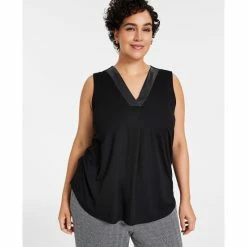 Flash Sale 🥰 Anne Klein Plus Size Sleeveless Faux-Leather-Trim V-Neck Top Anne Black 🎁