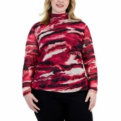 Discount 🔥 Anne Klein Plus Size Mock-Neck Long-Sleeve Mesh Top Amaranth Combo 🌟