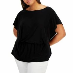 Flash Sale 🥰 Anne Klein Plus Size Flutter-Sleeve Cinched-Waist Top Black ✨
