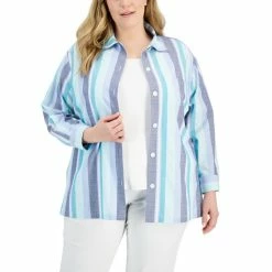 Best Sale 👍 Anne Klein Trendy Plus Striped Oxford Shacket Spa Blue Combo 🥰
