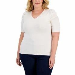 New 🥰 Anne Klein Plus Size Pleated-Shoulder Top Anne White 🤩