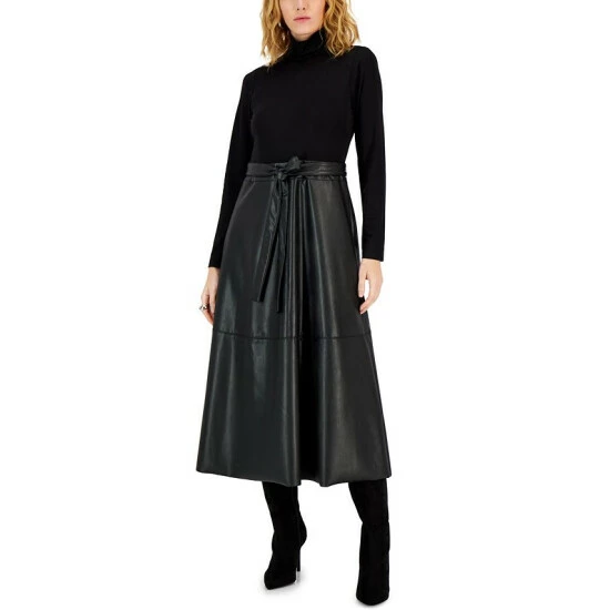 Budget 👍 Anne Klein Faux-Leather A-Line Midi 👗 Dress Anne Black ✔️