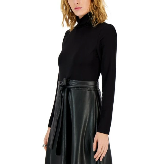 Budget 👍 Anne Klein Faux-Leather A-Line Midi 👗 Dress Anne Black ✔️ - Image 4