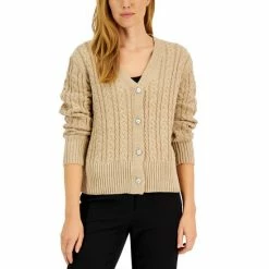 Best Sale 🔥 Anne Klein 👩 Women's Cable-Knit Jewel-Button Cardigan Amaranth 🎁