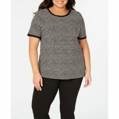 Discount 😀 Anne Klein Plus Size Button-Back Short-Sleeve Top Black/white 🌟