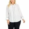 Best Sale 😉 Anne Klein Plus Size Cotton Piped-Trim Blouse Anne White ⌛