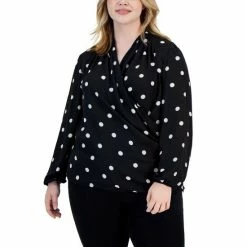 Flash Sale ❤️ Anne Klein Plus Size Faux-Wrap Draped Long-Sleeve Blouse Anne Black / Anne White 🌟