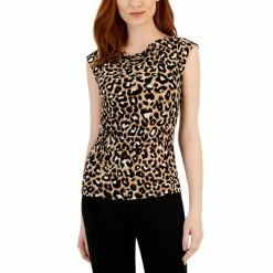 Best Pirce ๐ Anne Klein ๐ฉ Women's Printed Cap-Sleeve Cowlneck Blouse Latte Multi โญ