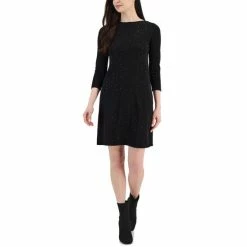 Deals ⭐ Anne Klein 👩 Women's Studded 3/4-Sleeve Fit & Flare Sweater 👗 Dress Anne White 😍
