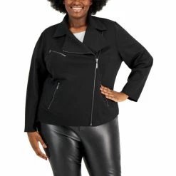 Best Sale 😀 Anne Klein Plus Size Zip-Front Scuba Crepe Moto-Style Jacket Anne Black ✔️