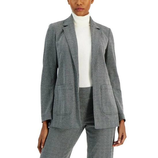 Deals 👏 Anne Klein 👩 Women's Notched-Collar Herringbone Jacket Anne Black/ Anne White ⌛