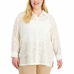 Flash Sale 🧨 Anne Klein Plus Size Sheer Button-Up Shacket Anne White 🌟