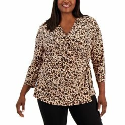 Cheap 🔔 Anne Klein Plus Size Cheetah-Print Faux-Wrap Top Warm Sand Combo 😀