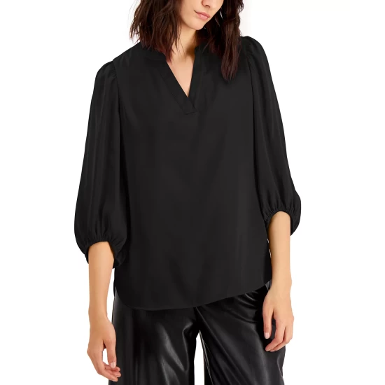 Budget ๐ฅ Anne Klein ๐ฉ Women's Printed Split-Neck High-Low Blouse Warm Sand โ๏ธ