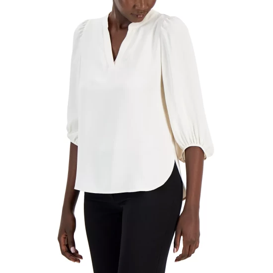 Budget ๐ฅ Anne Klein ๐ฉ Women's Printed Split-Neck High-Low Blouse Warm Sand โ๏ธ - Image 3