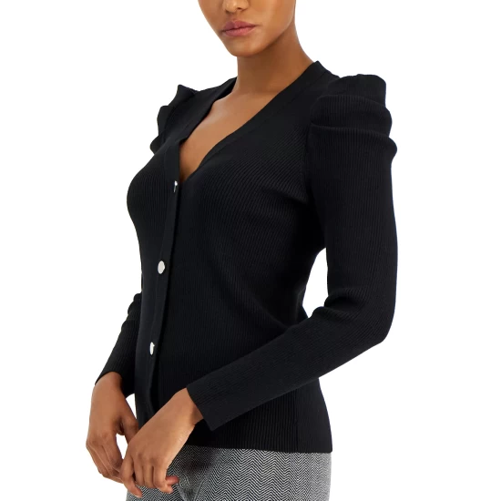 Hot Sale ๐ Anne Klein ๐ฉ Women's Ribbed Puff-Sleeve Button-Up Cardigan Anne Black ๐ - Image 4