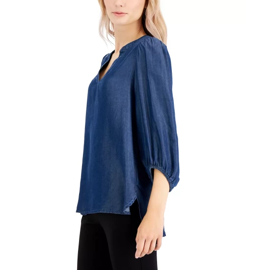 Hot Sale π Anne Klein Petite 3/4-Sleeve Chambray Peasant Top Medium Wash π€© - Image 4