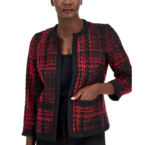 New โ๏ธ Anne Klein ๐ฉ Women's Metallic-Tweed Open-Front Jacket Anne Black Combo ๐ - Image 4