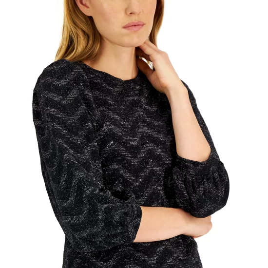 Buy ⌛ Anne Klein 👩 Women's Chevron-Texture Balloon-Sleeve Top Anne Black 🛒 - Image 4