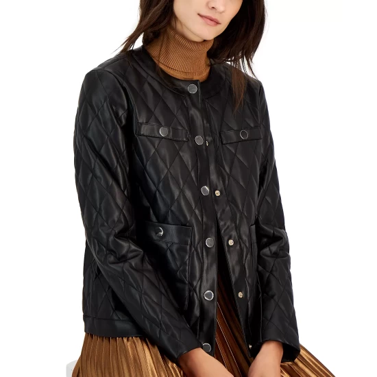 Brand new ๐คฉ Anne Klein ๐ฉ Women's Collarless Quilted Faux-Leather Jacket Anne Black ๐ - Image 4