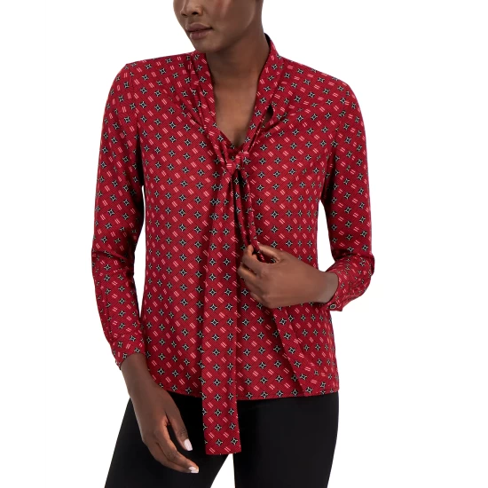 Wholesale ✔️ Anne Klein 👩 Women's Printed Satin-Twill Tie-Neck Blouse Titian Red Combo 🤩 - Image 4