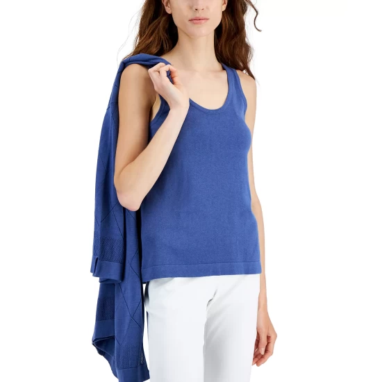Cheapest 💯 Anne Klein 👩 Women's Double Scoop Neck Tank Top Blue Jay 🔔 - Image 5
