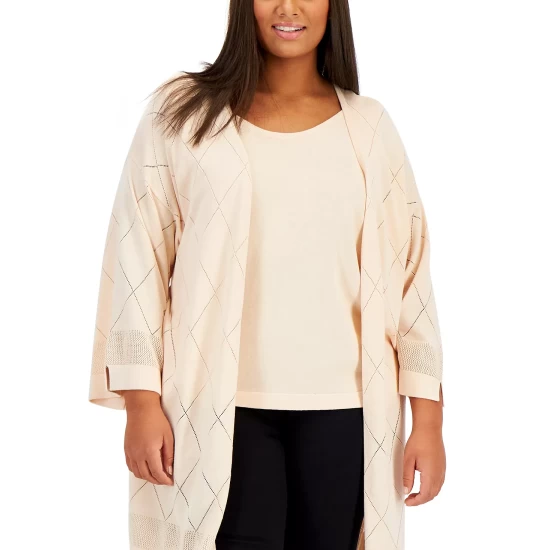 Best reviews of 😀 Anne Klein Plus Size Diamond-Pattern Open-Front Cardigan Bisqueware 🥰 - Image 4