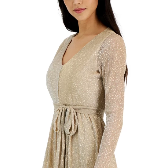 Discount 🎉 Anne Klein 👩 Women's V-Neck Pleated Long-Sleeve Maxi 👗 Dress Gold 👏 - Image 5