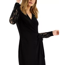 Discount 🎉 Anne Klein 👩 Women's V-Neck Pleated Long-Sleeve Maxi 👗 Dress Gold 👏