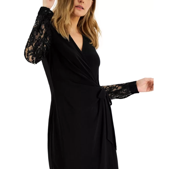 Discount 🎉 Anne Klein 👩 Women's V-Neck Pleated Long-Sleeve Maxi 👗 Dress Gold 👏