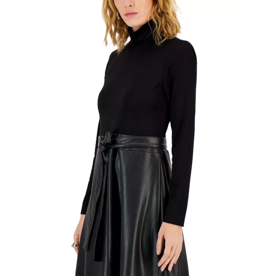 Budget 👍 Anne Klein Faux-Leather A-Line Midi 👗 Dress Anne Black ✔️ - Image 5