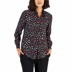 Best Sale ⌛ Anne Klein 👩 Women's Printed Button-Front Blouse Anne Black Multi 🤩