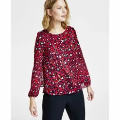 Budget ❤️ Anne Klein 👩 Women's Leopard-Print Double-Layer Blouse Poppy Multi 🧨