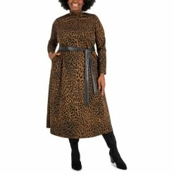 Best deal 🤩 Anne Klein Plus Size Jacquard Leopard Mock-Neck Midi 👗 Dress Espresso/anne Black 🎁
