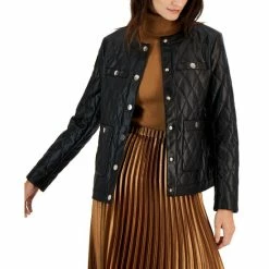 Brand new 🤩 Anne Klein 👩 Women's Collarless Quilted Faux-Leather Jacket Anne Black 👍