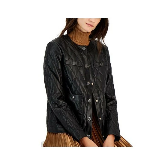 Brand new ๐คฉ Anne Klein ๐ฉ Women's Collarless Quilted Faux-Leather Jacket Anne Black ๐ - Image 3