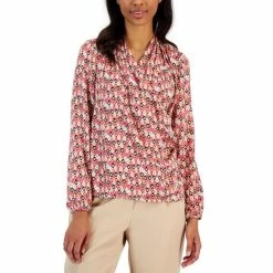 Top 10 🤩 Anne Klein 👩 Women's Printed Flat Satin Long-Sleeve Faux-Wrap Draped Blouse Latte Multi 👍