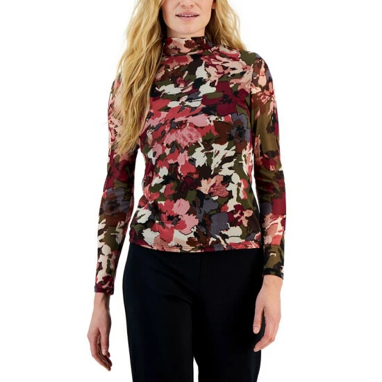 Cheapest ๐ Anne Klein Petite Printed Mesh Mock-Neck Top Chianti Combo ๐