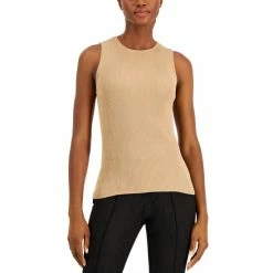 Best Sale 😉 Anne Klein 👩 Women's Ribbed-Knit Crewneck Tank Top Light Coffee ⌛