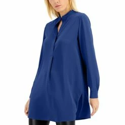 New 👍 Anne Klein 👩 Women's Solid Nehru Tunic Top Royal Saphirre 🌟