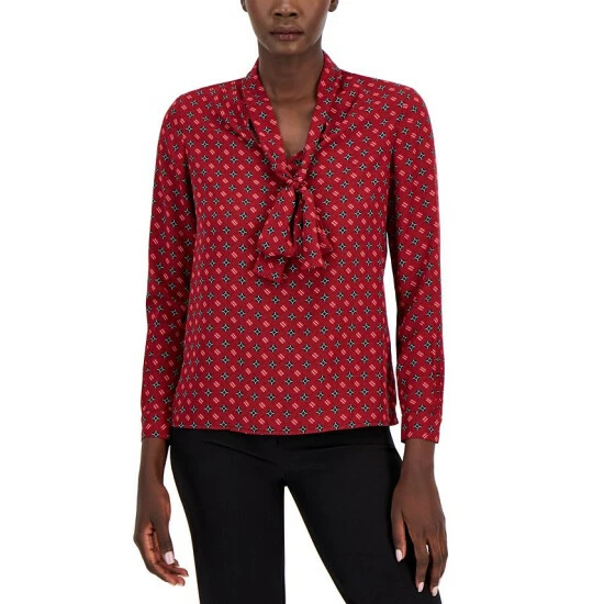 Wholesale ✔️ Anne Klein 👩 Women's Printed Satin-Twill Tie-Neck Blouse Titian Red Combo 🤩