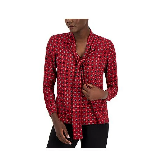 Wholesale ✔️ Anne Klein 👩 Women's Printed Satin-Twill Tie-Neck Blouse Titian Red Combo 🤩 - Image 3
